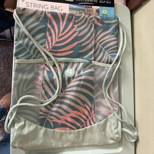Leaf-Print Drawstring Backpack in Sage and Coral